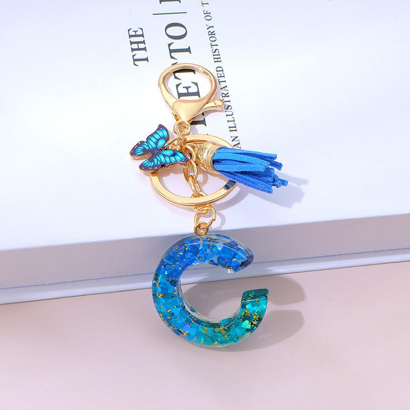 

1 шт. Брелок с надписью для подвески на рюкзак, держатель для ключей, брелок с кисточкой, бабочка, милая градиентная смола, синий с пайетками C синий