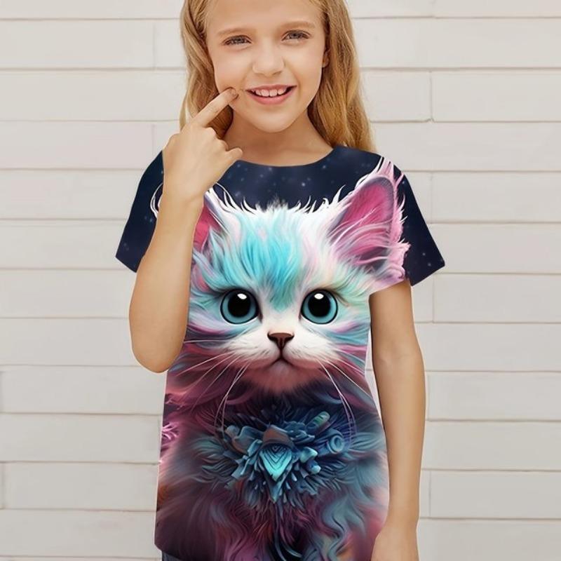 Children's Clothing Cute 3D Cat Graphic Print Short Sleeve Tops Kids Clothes T-Shirt Casual Pullover Child Boys Girls Summer