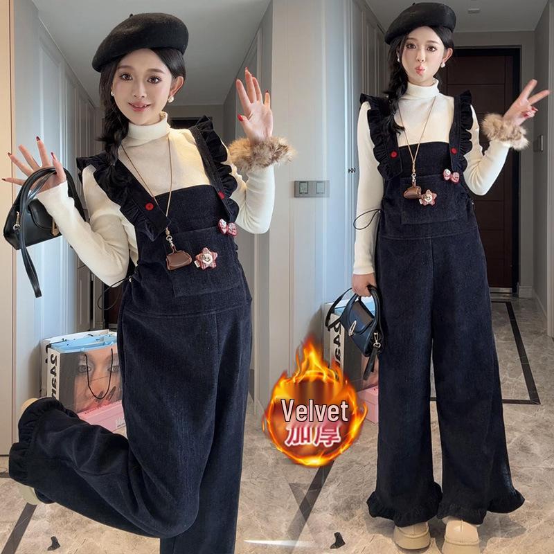 

2025 Winter Warm Maternity Overalls for Pregnant Women - Plus Velvet, Wide Leg Autumn/Winter Pants XL [125-145 lbs]