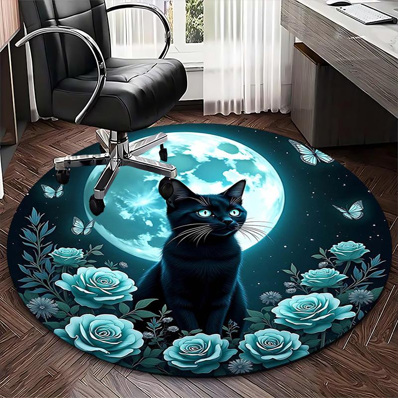 1pc Anime Design Round Carpet Blue Rose & Butterfly Moon Office Chair Mat, Non Slip Rug for Home Decor, All Seasons