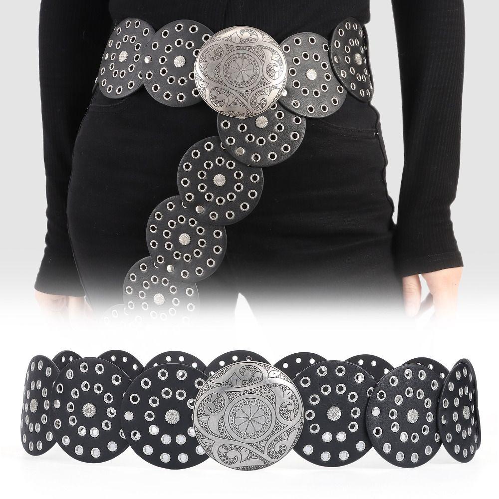 Western Style Disc Belt Y2K Wide Disc Belt Cowboy Wide Disc Belt Hollow Belt  for Women