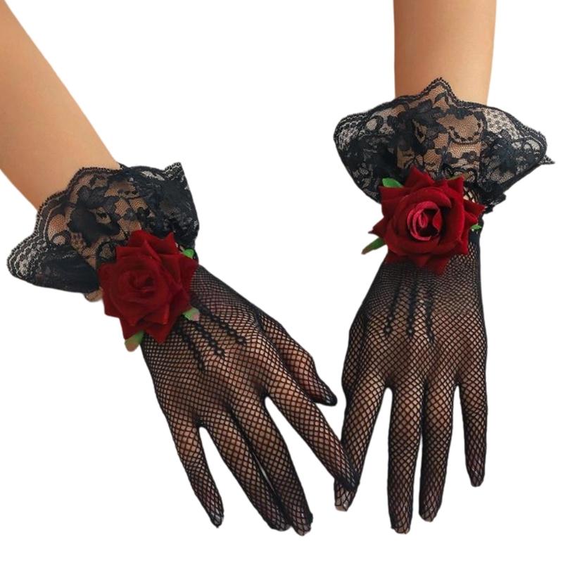

Women s Short Lace Fishnet Gloves Elegant Bridal Wrist Gloves for Wedding Halloween Party Cosplay Gloves with Flower 1 чорний