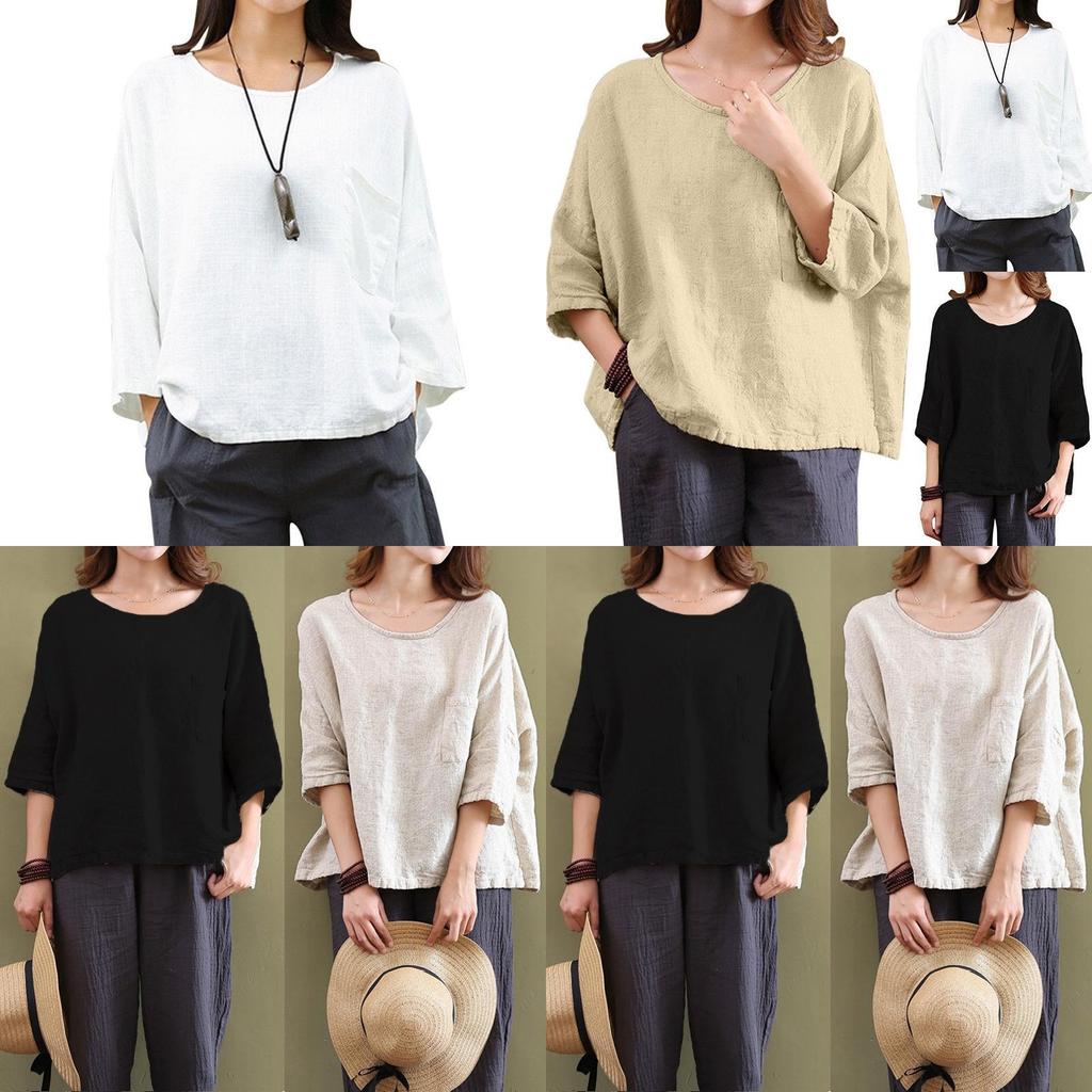 Vintage Women 34 Sleeve O Neck Cotton Linen Loose Casual Shirt Top Blouse