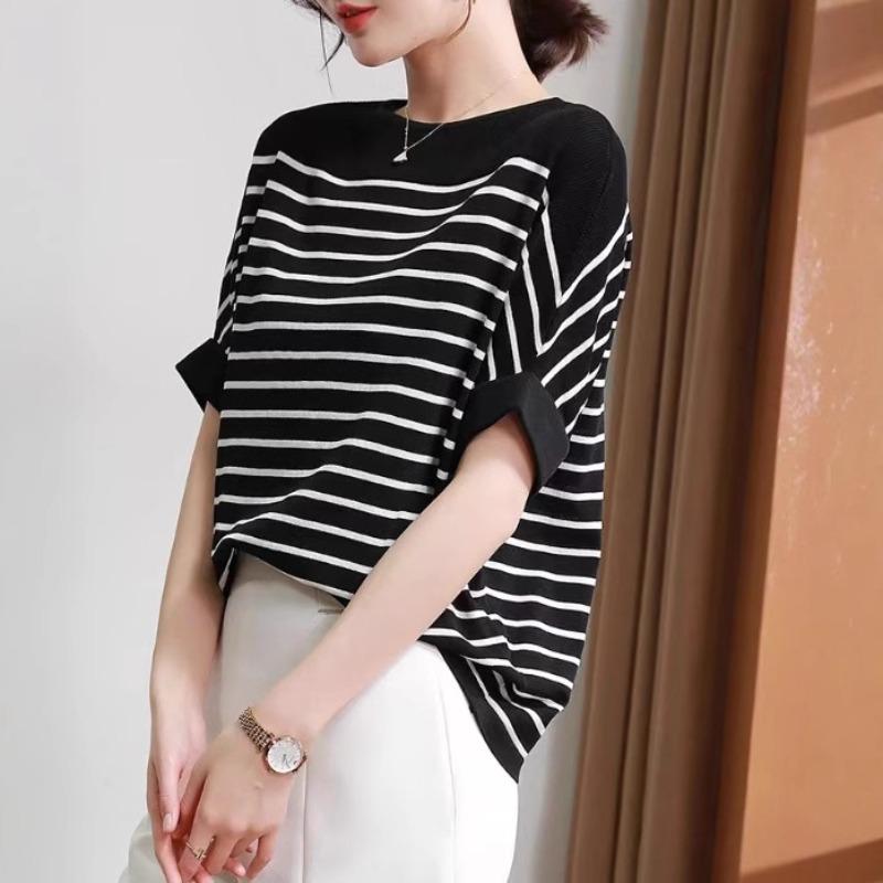 Sommer Damen Eis Seide Kurzarm Oberteil Locker Dünn Gestreift Pullover Gestricktes T-Shirt
