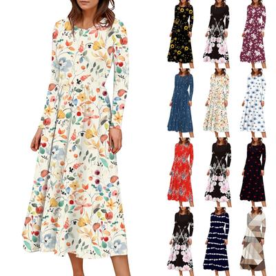 Women's  Floral,Gradient Print Midi Boho Dress Casual Long Sleeve Flowy Smocked Dresses With Pocket  Holiday Dresses for Women