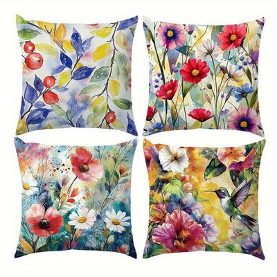 Home Decor Colorful Watercolor Floral and Hummingbird Pillows Pattern Cushion Cover Suitable for Sofa Bedroom Car Pillow Cover