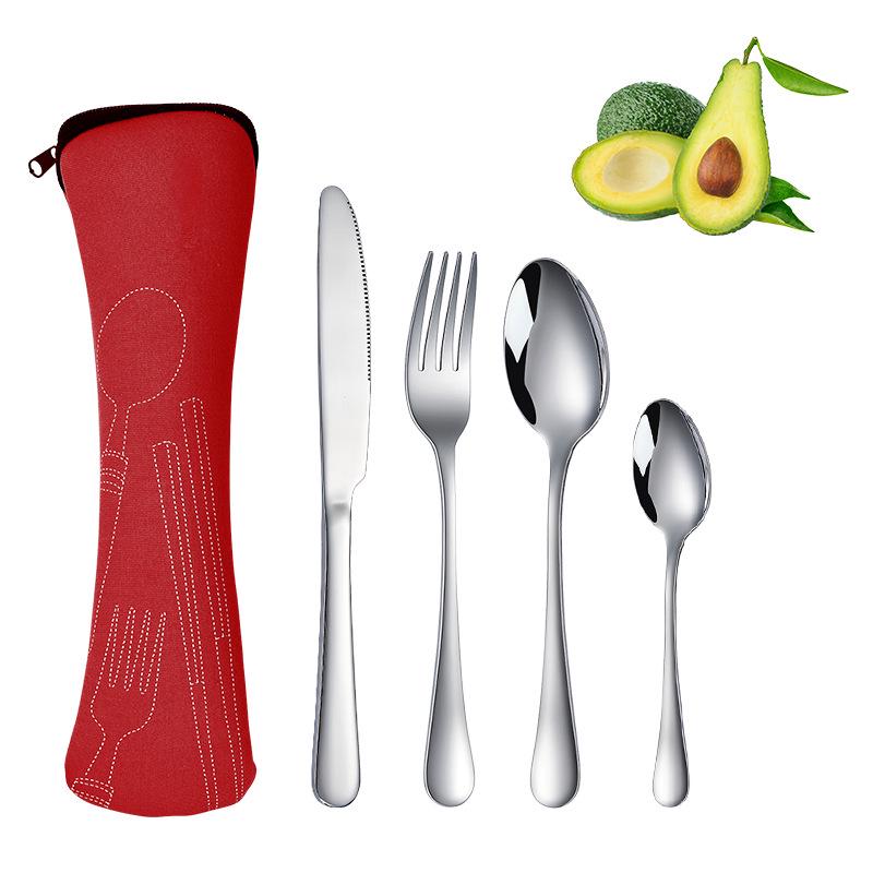 Stainless Steel Travel Cutlery Set: Knife, Fork, Spoon, Bottle Opener with Portable Storage Bag for Outdoor Camping