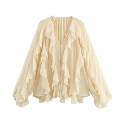 2025 Spring Women's Bow Tie Layered French Lantern Sleeve Shirt