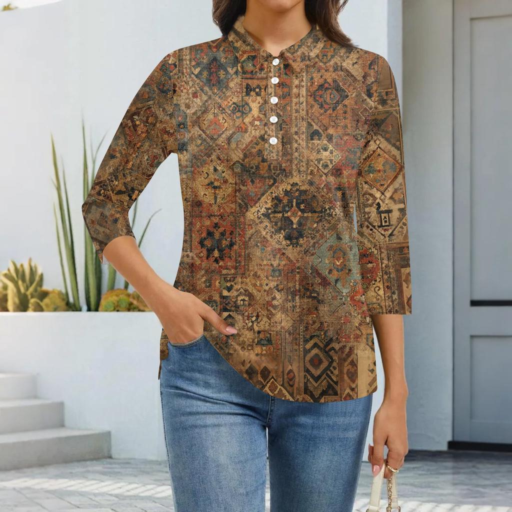 Women's Fashion Casual Lapel Short 3/4 Sleeve Print Shirt Women's Button Up Tops