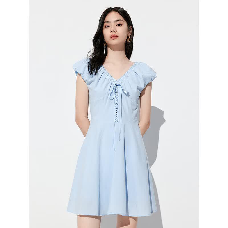 Women's French Style Cloud Jacquard V-Neck Mini Dress