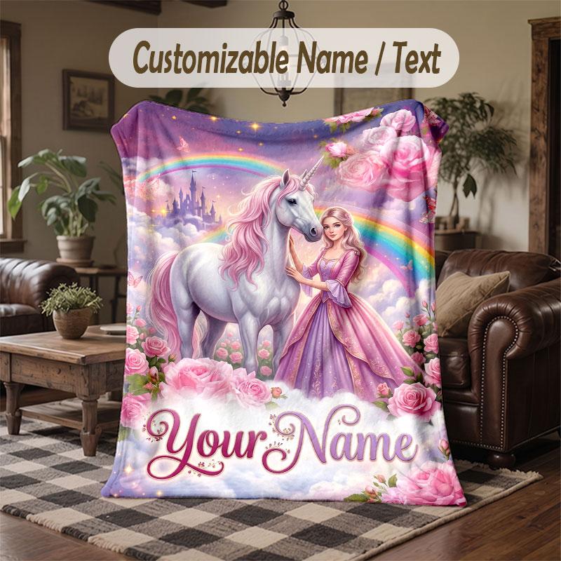 Einhorn-Thema Decke mit individuellem Namen und Text Personalisierte Decke Weiche Gemütliche Decke für Zuhause Sofa Bett