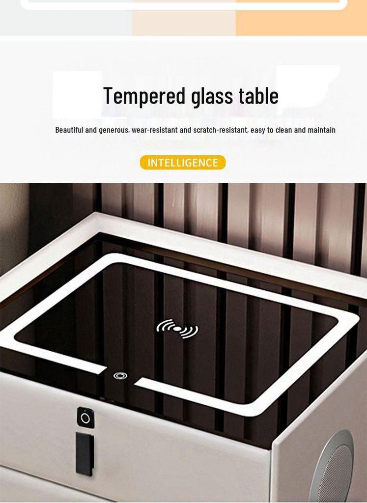 Smart Minimalist Bedside Table: Dual Drawers, Wireless Charging, Light, Bluetooth Speaker