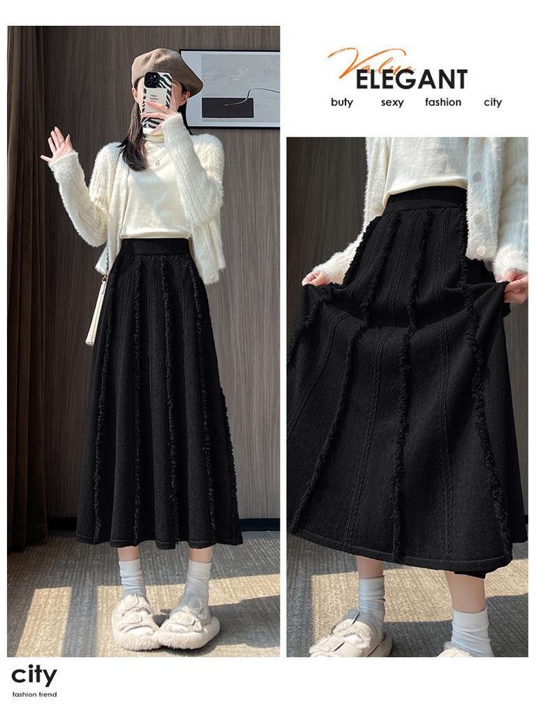 Women's Autumn-Winter White Wool Midi Skirt: High Waist, A-Line with Tassel Detail