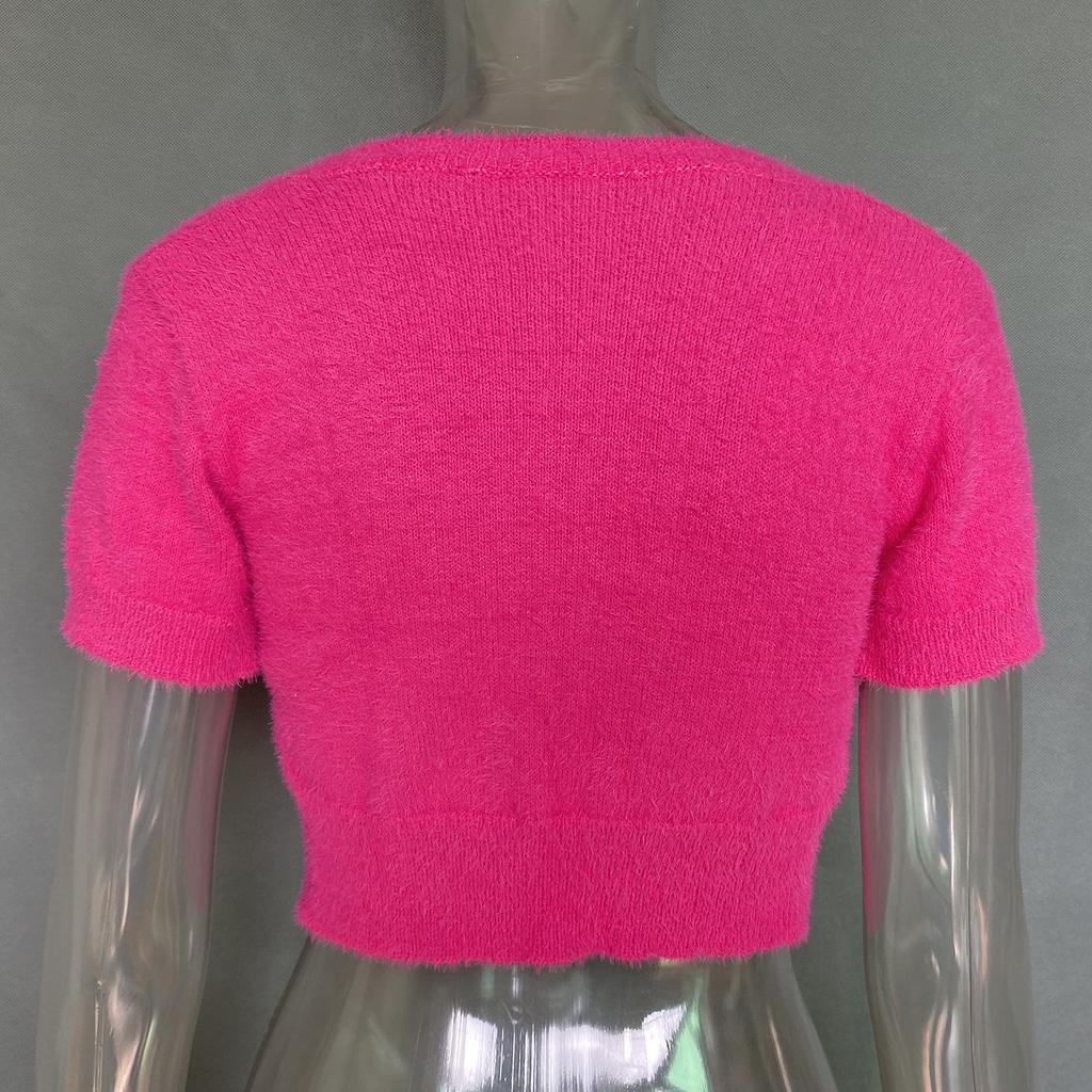 Mohér Bavlna Cardigany Topy Pro ženy Krátký rukáv Písmena Řetízek Elegantní Top Pletené zboží Jednobarevné S-XL