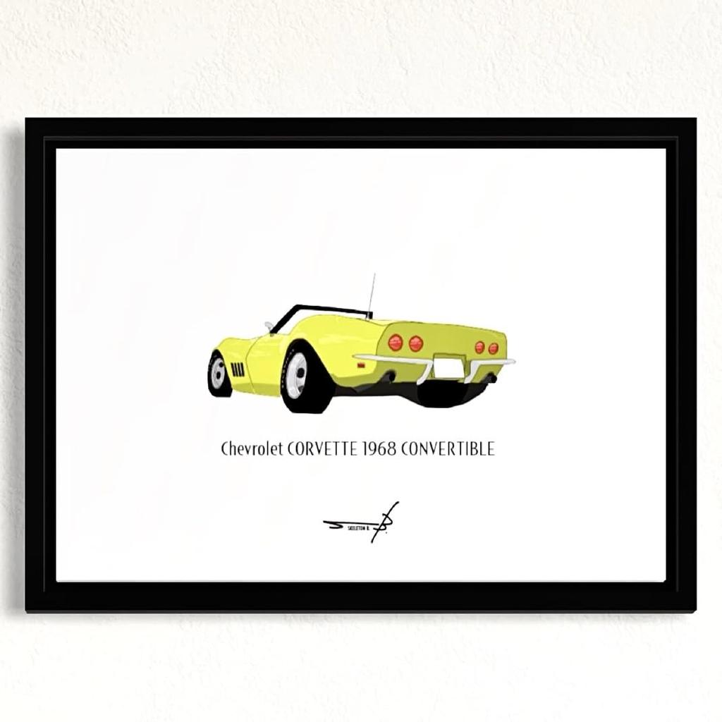 Vintage Car Pop Art Poster, American Car, A4 Framed, Chevrolet Corvette 1968 (Yellow/A4 Framed (Black Frame))