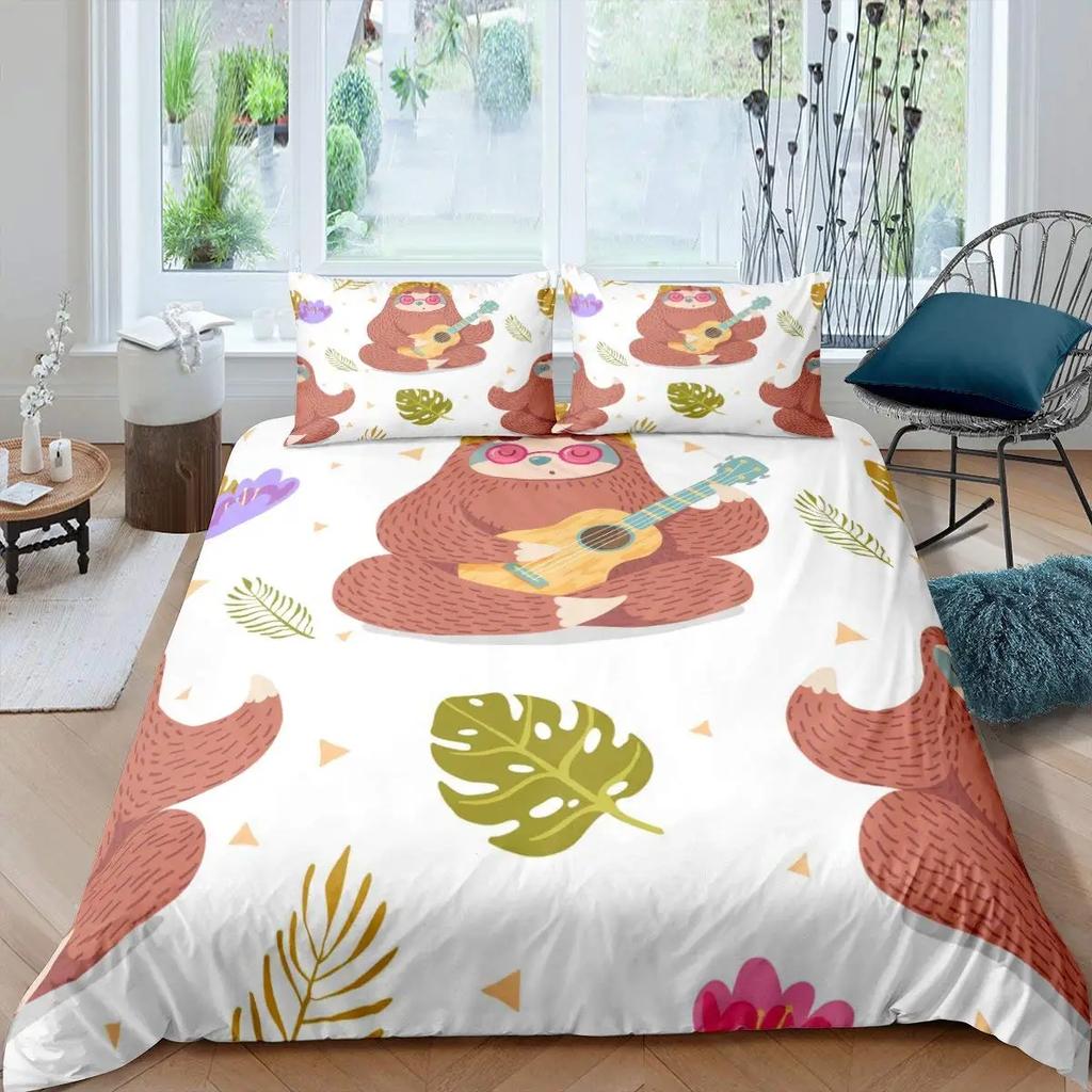 Cartoon Sloth King Queen Duvet Cover Kids Cute Animal Bedding Set Bathtub Decor Blue Comforter Cover Soft Polyester Quilt Cover