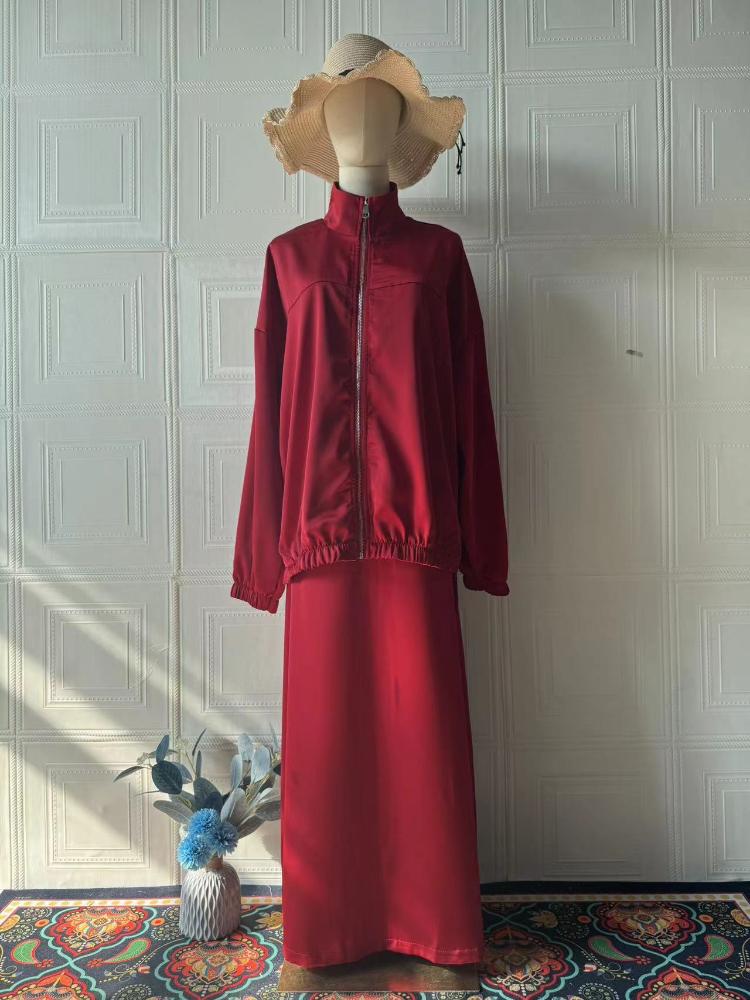 Women's Dark Brown Hooded Zip-Up Jacket and Long Skirt Set