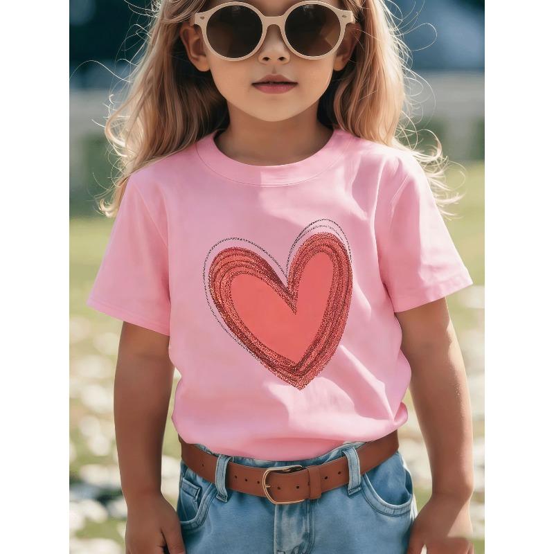 European sizes Fashionable Girls' T-Shirt with Large Heart Pattern | Eye-catching Pink Heart with silvery Outline, Ideal for Summer Casual Wear