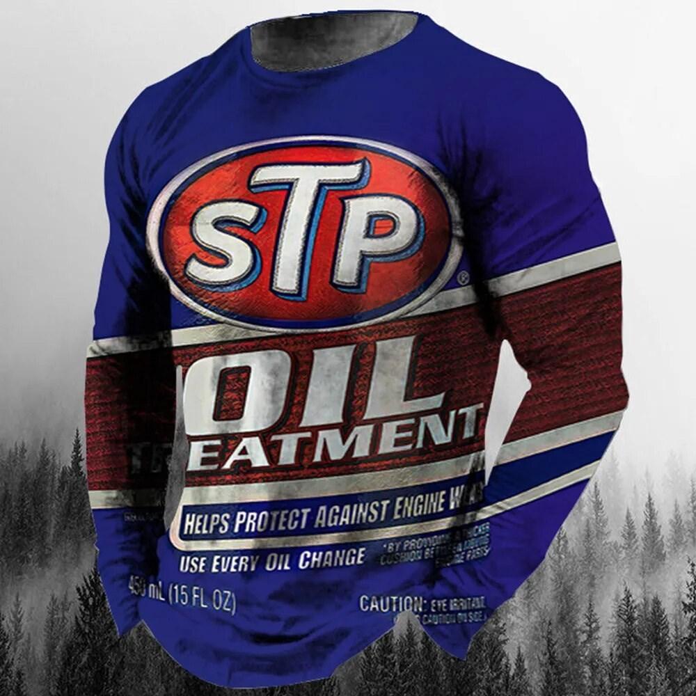 ETST 007 Vintage Heren T-shirt Lange Mouw Biker Tops Tees 3D STP Olie Print Motorfiets T-shirt Oversized Losse Texaco Man Kleding 2XL