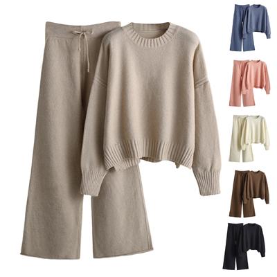 Women's Fashion Casual Knitted Suit Loose Sweater Wide-leg Pants Two-piece Set