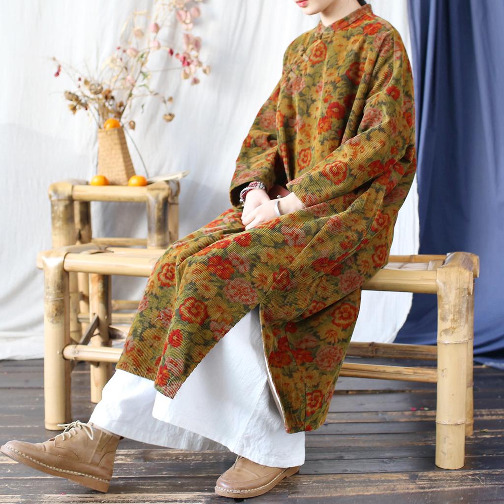 Johnature Women Vintage Dresses Stand Print Floral Long Sleeve Spring Chinese Style A-Line Dress