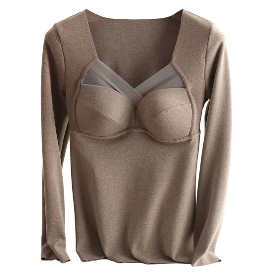 Women Bottoming Tops V-Neck Chest Padded Long Sleeve Thermal Tops Elastic DE Velvet