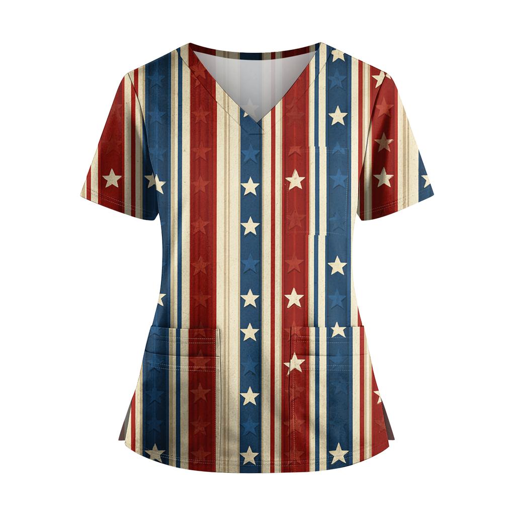 Women's Independence Day Print V-Neck Double Pocket Short Sleeve Uniform with Slit Hem - Caregiver Top