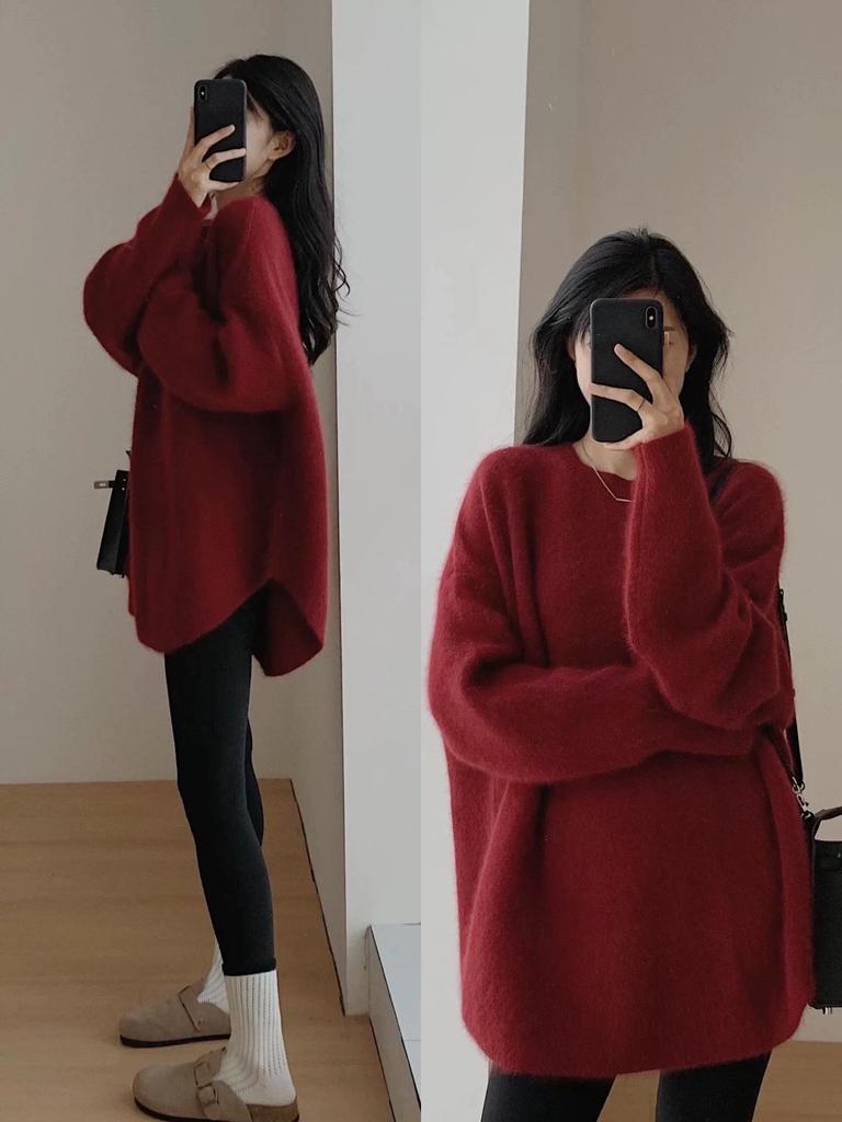 Women's 2025 Autumn/Winter Cozy Oversized Knit Sweater - Mid-Length Pullover