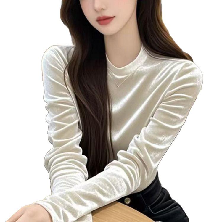 Cross2026 Elegant French Style Velvet Round Neck Slimming Long Sleeve Women's Top