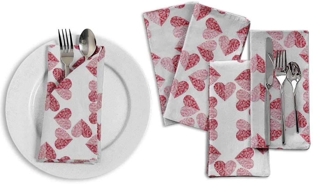 S4Sassy White Red Heart Feriefester Klut Bord Lin Gjenbrukbart middagsservietter sett 18 x 18"(Pakke med