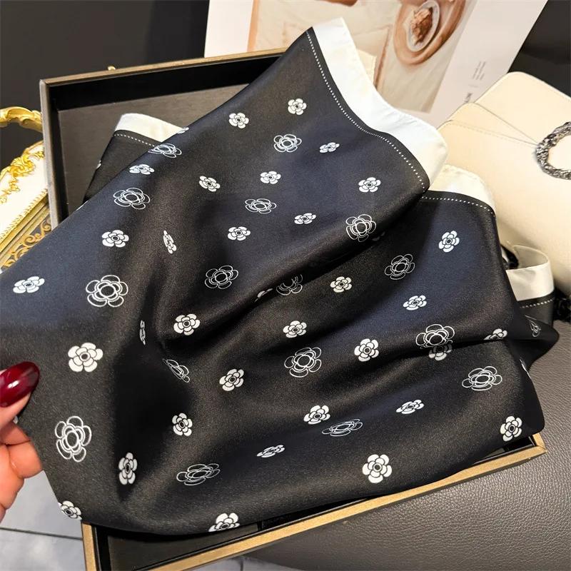 Luxury Brand 2025 Floral Print Square Silk Scarf for Women Hijab Hair Bands 70cm Neckerchief Female Satin Shawl Ribbon Headband