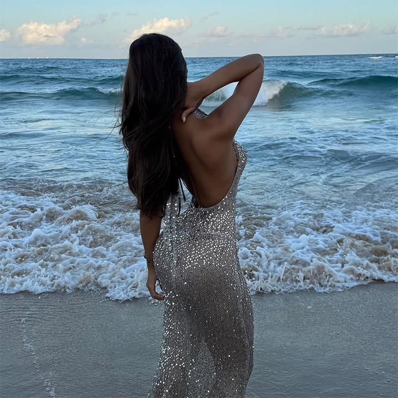 Shiny Sequin Backless Maxi Dress Women Sexy Halter Backless Lace Up Hip Package Mermaid Dresses 2025 Summer Beach Vacation Robes