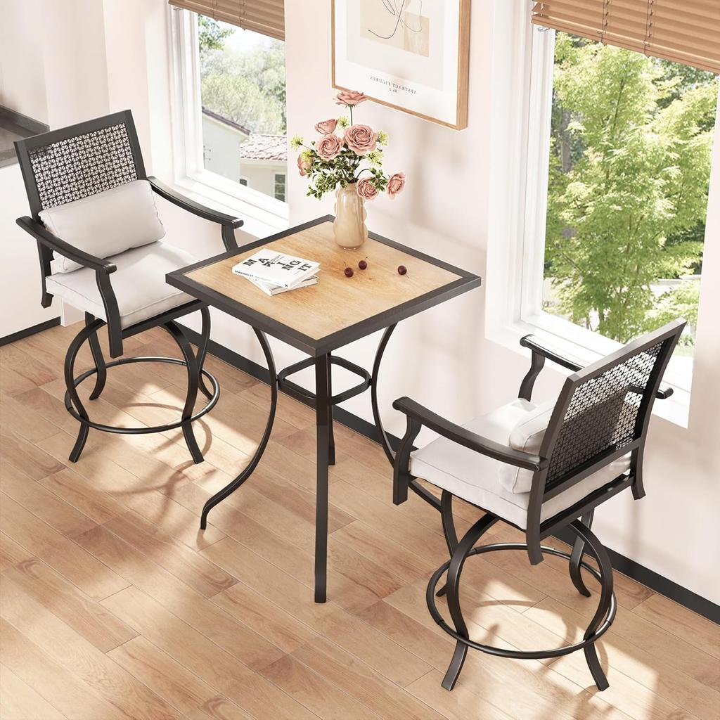 YODOLLA 3-Piece Pub Table Set with 2 Swivel Barstools, Upholstered Cushion & Footrest for Kitchen, Living Room, Pub