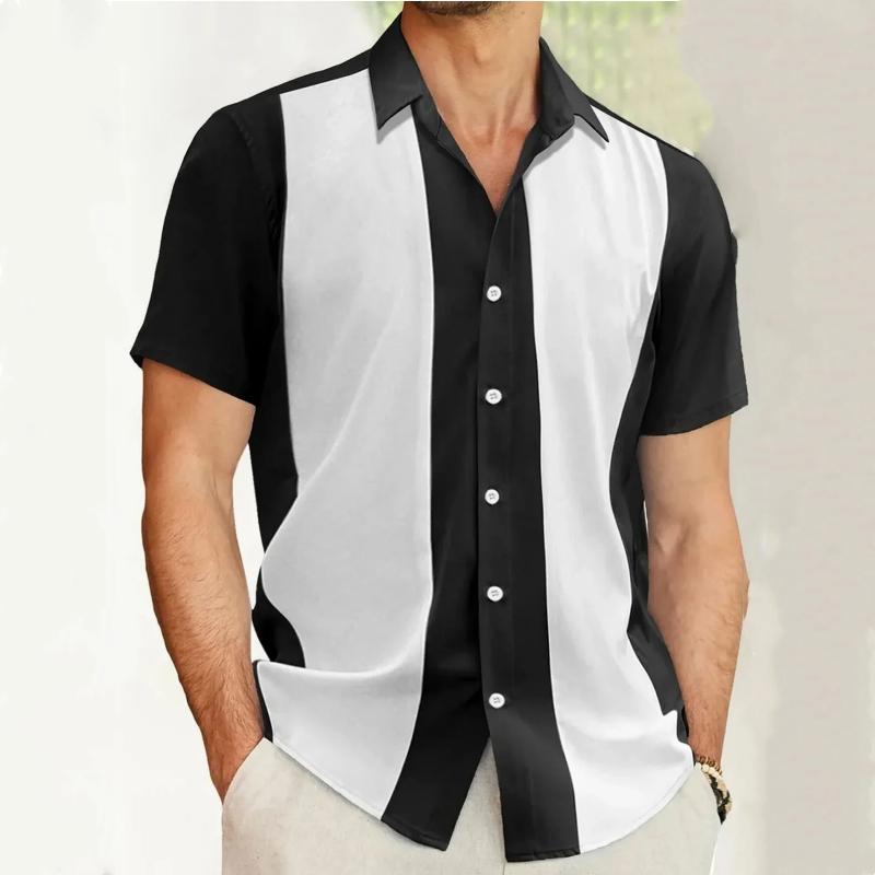 Fashion Business Stripped Splicing Man Shirts Vintage Casual And Versatile Button Down Bowling Short Sleeve Summer T-Shirt Tees