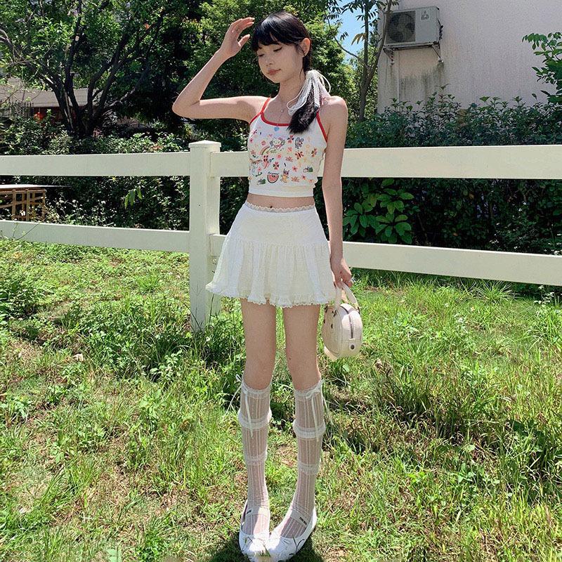 Lace Lace Pleated Skirt for Women Summer Skirt High Waist Short Skirt Ballet Style A-line Skirt Lace Skirt