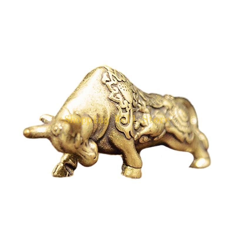 KX4B Mässing Oxe Staty Fengshui Tjurfäktning Miniatyr Figur Kedja Hängande Berlock