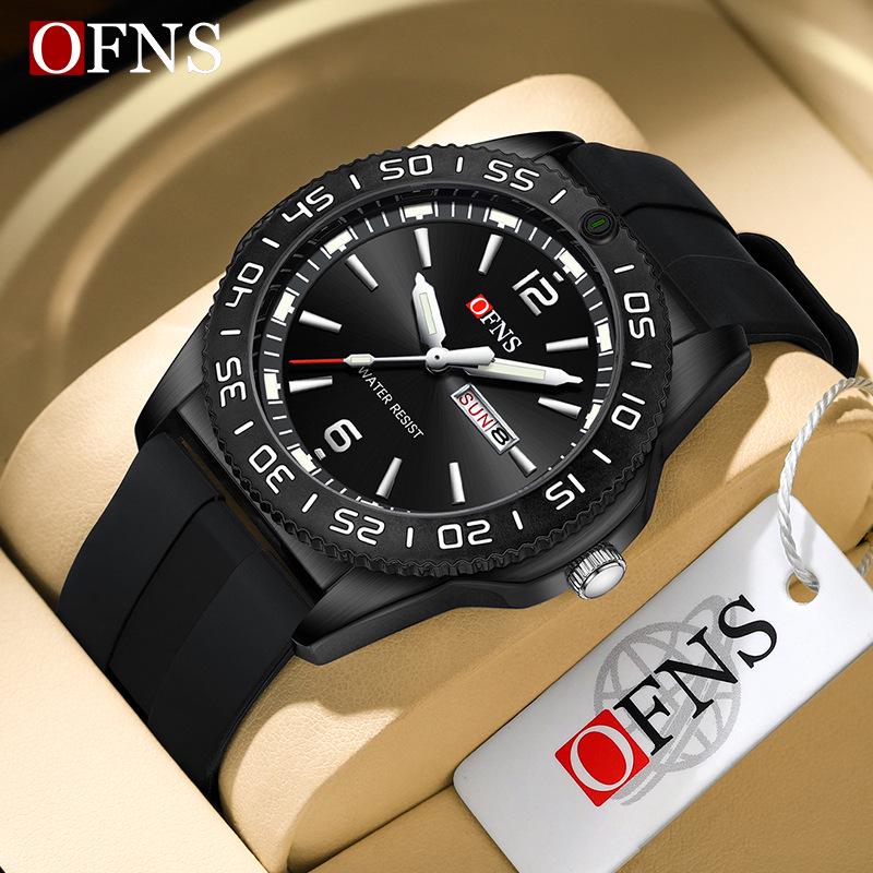 Ofns Brand Men's Quartz Watch - Waterproof with Dual Calendar & Simple Bar Markers