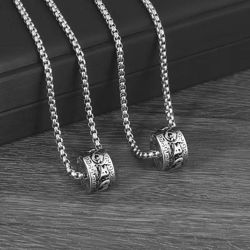 European and American Retro Six Character Auspicious Cloud Cylindrical Pendant, Trendy Titanium Steel Men's Necklace