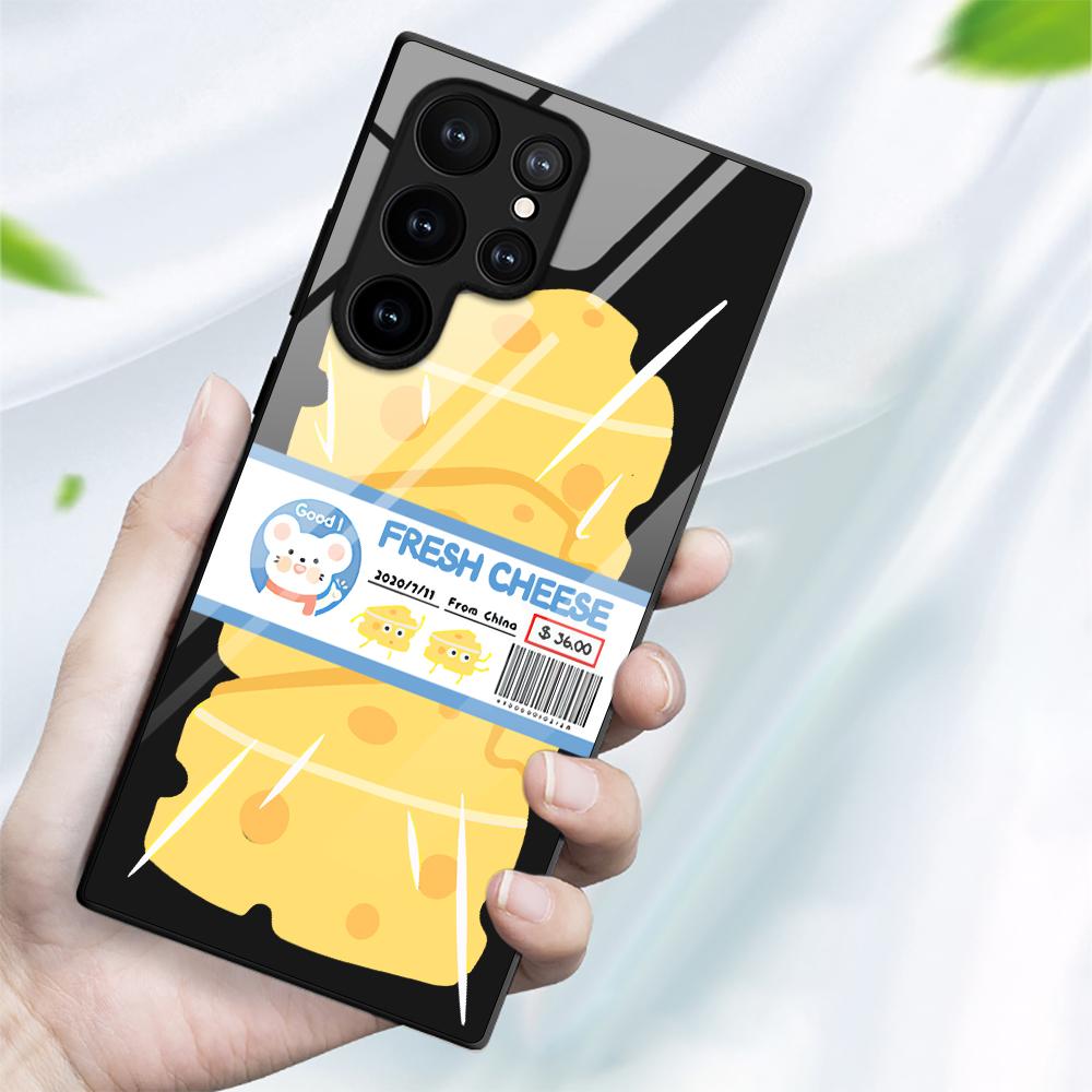 Phone Case For Samsung Galaxy S22 Plus Ultra Cartoon Cheese Glass Cases For Galaxy S20 Fe S21ultra S23plus S21fe Tpu Black Cover