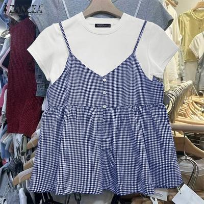Women Casual Round Neck Short Sleeve Grid Patchwork Two Piece T-Shirts