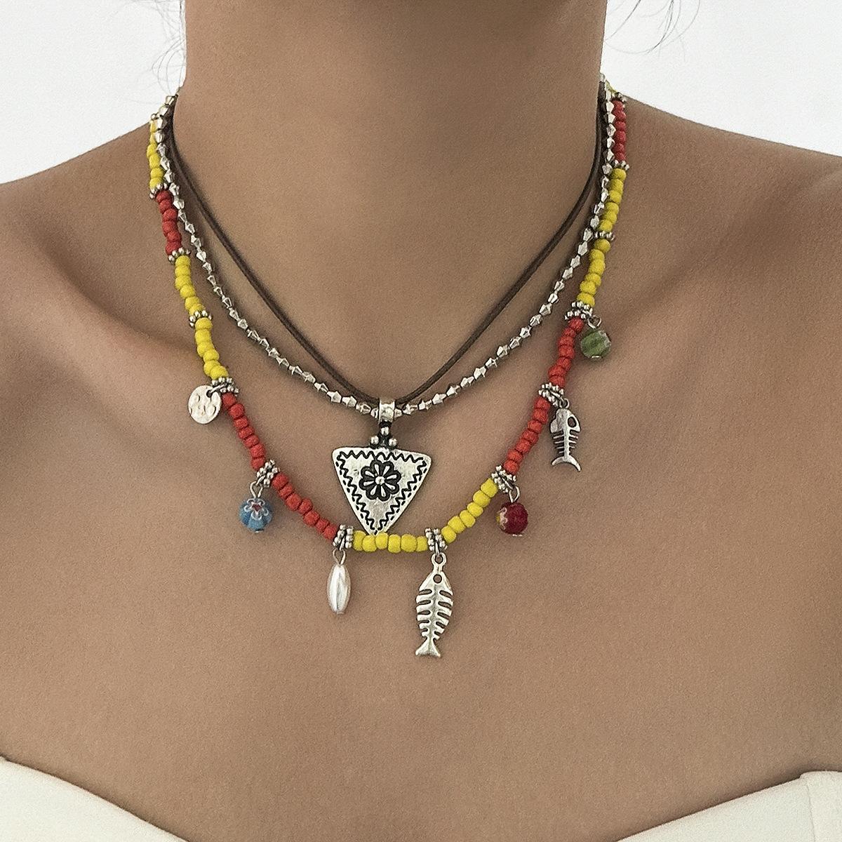 

Bohemian color fringed beaded necklace ethnic style rice beads fishtail flower multi-layer jewelry