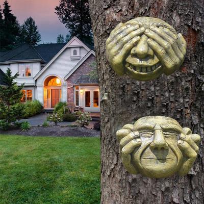 Divertida Cara de Árbol Exterior No Oír No Ver No Hablar Estatua de Cara Abrazador de Árbol de Jardín Decoraciones de Arte de Patio para Hogar Pared Vallas Puerta