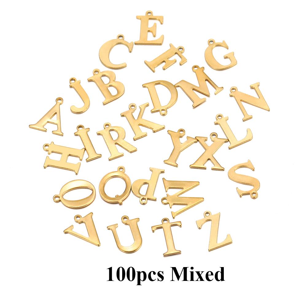 100pcs Randomly Stainless Steel Gold Color Letter Charm A-Z Alphabet Beads Pendants for DIY Bracelet Jewelry Necklace Making