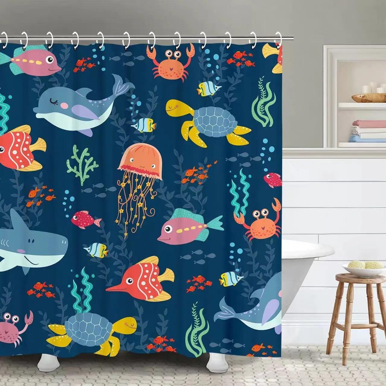 

Colorful Cartoons Fish Shark Shower Curtains Ocean Life Children s Bathroom Home Decor Cloth Curtain Set Waterproof Bath Screens 90x180cm