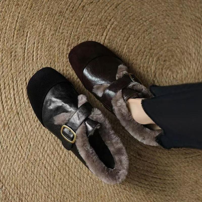 Французский винтаж плюс флис туфли-лодочки с глубоким вырезом женские осеньзима Мэри Джейн плоские нескользящие обувь для мам 40 4540₽