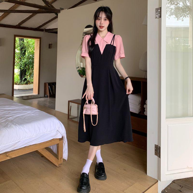 Plus Size Faux Two-Piece Spliced Design Slimming Little Black Dress for a Flattering Summer Look