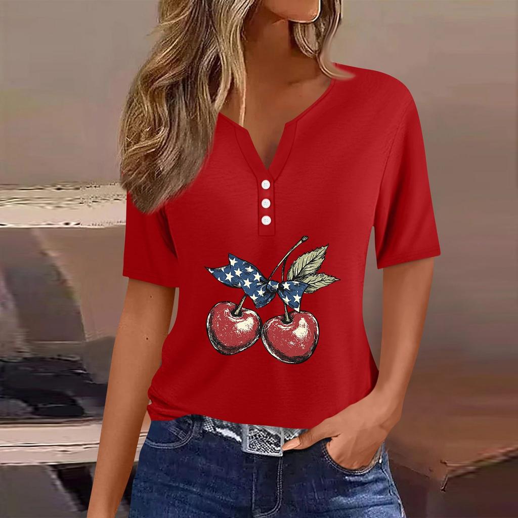 Women's T Shirt Tee Independence Day Print Button Short Sleeve Daily Weekend Fashion Basic V-Neck Regular Top