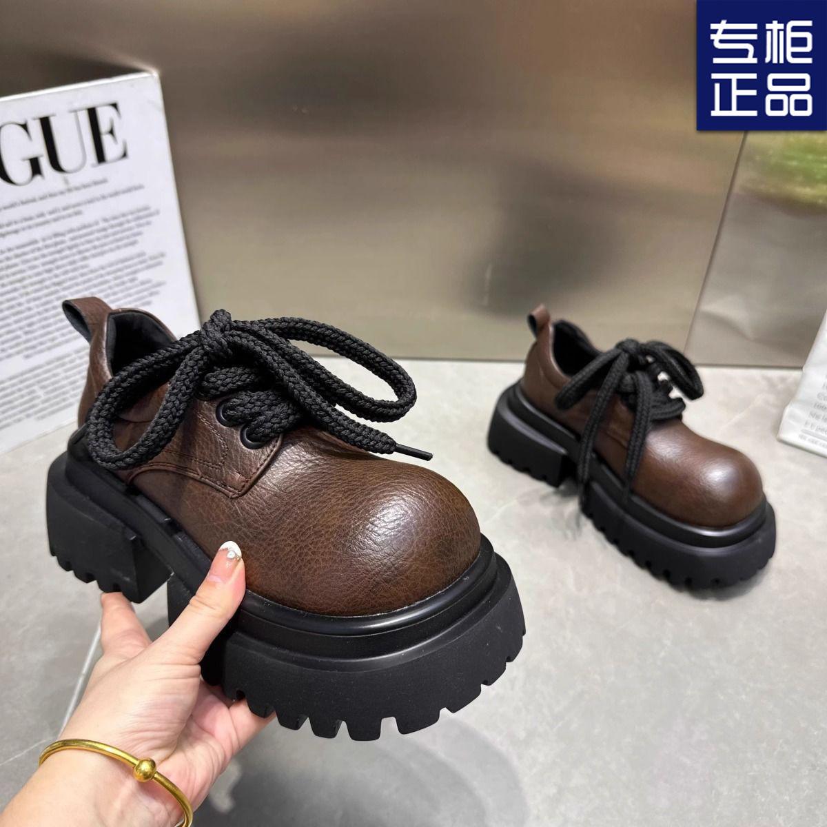 

thick-soled lace-up big head small leather shoes low-top single shoes college women s shoes 35 темно-коричневого кольору