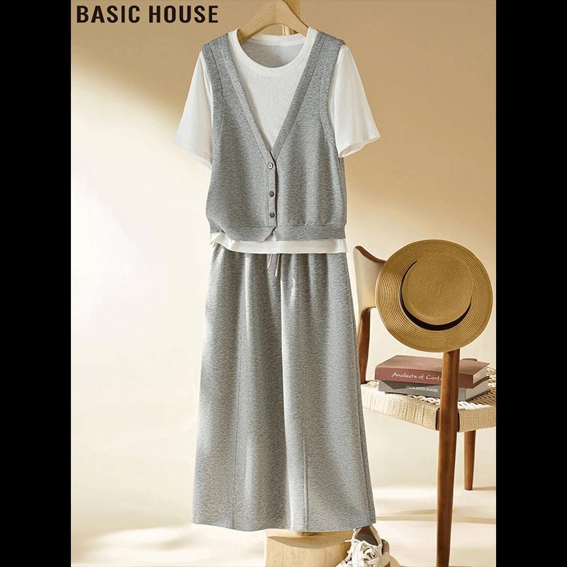 Basic House Women s Tencel Short-Sleeve Fake Two-Piece Top M