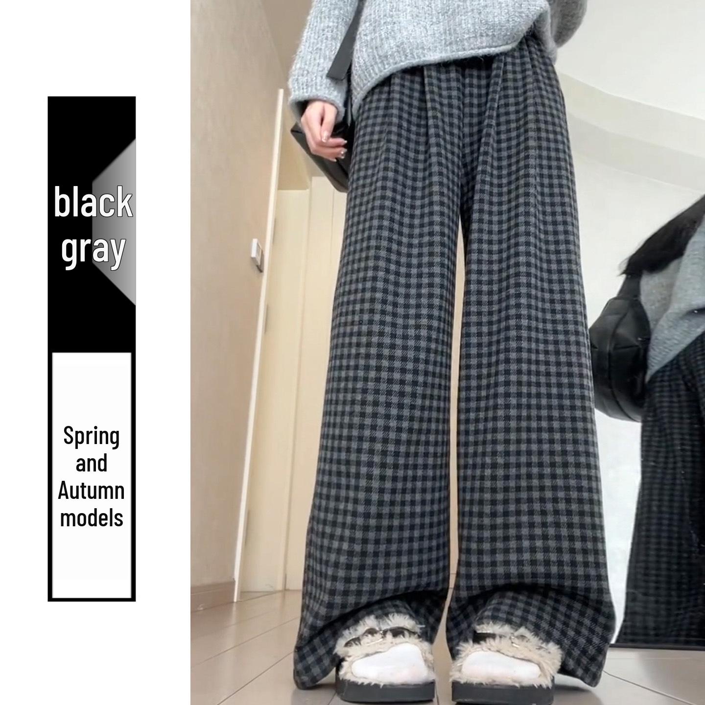 

2025 Autumn/Winter Slim-Fit Plaid Maternity Wool Pants with Velvet, Black-Gray, Wide-Leg Design XL